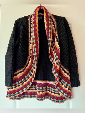 Black Open-Front Women's Sweater Cardigan with Multicolor Crochet Trim